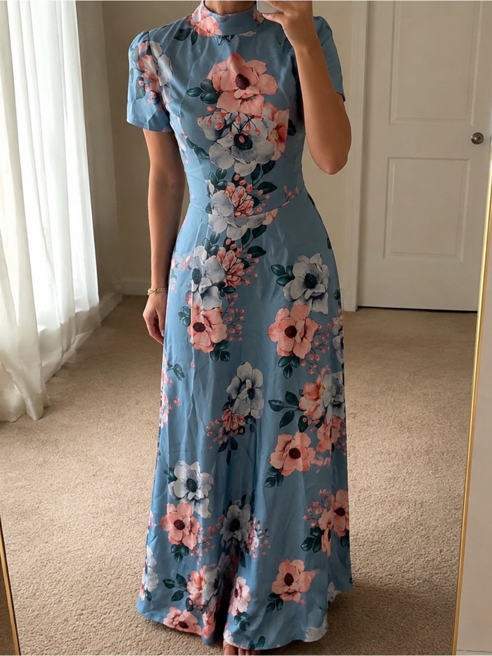 CBR Sky-Blue Maxi Dress with Pink & White Floral Print